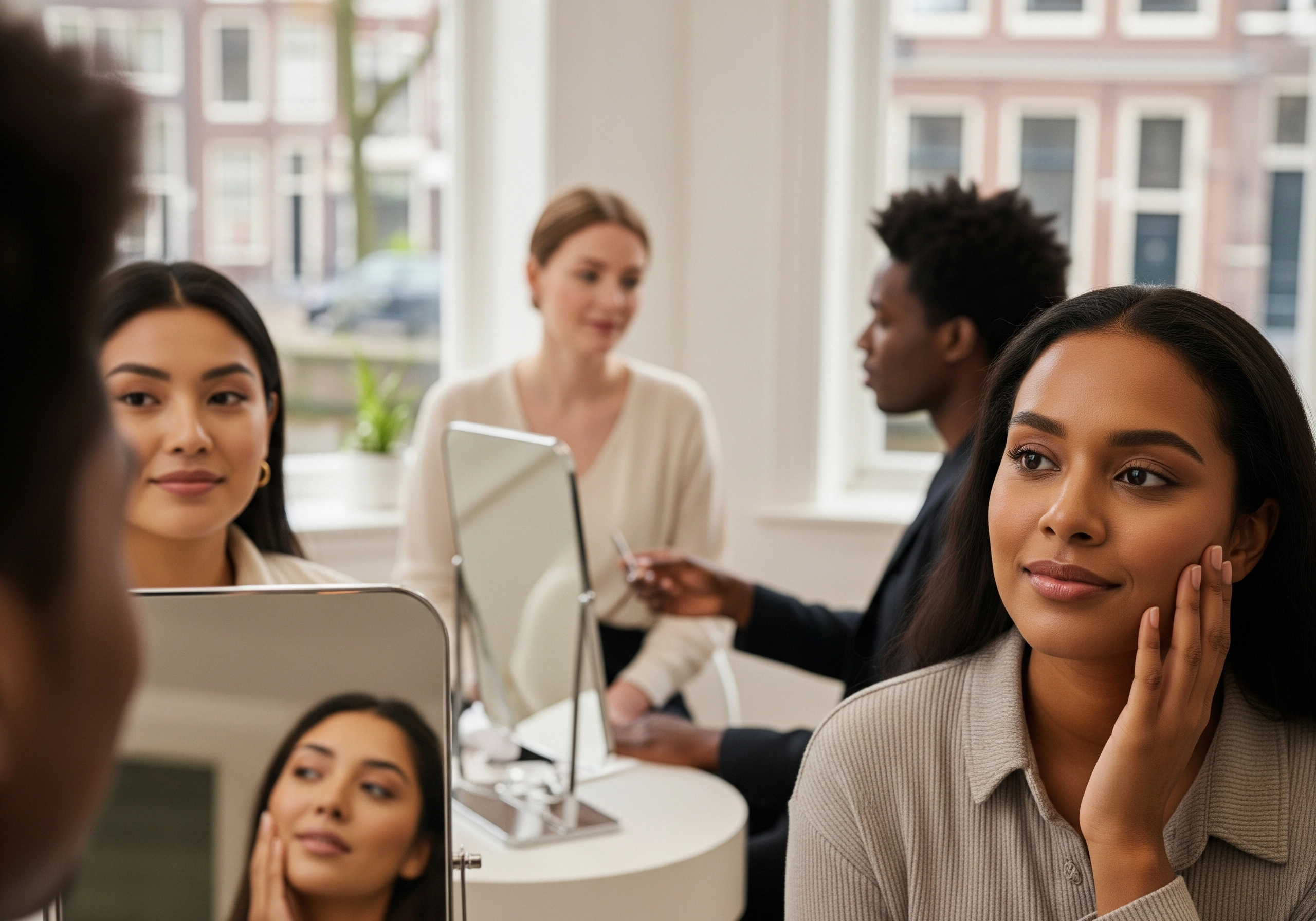 Client at beauty salon Amsterdam with diverse staff and canal view