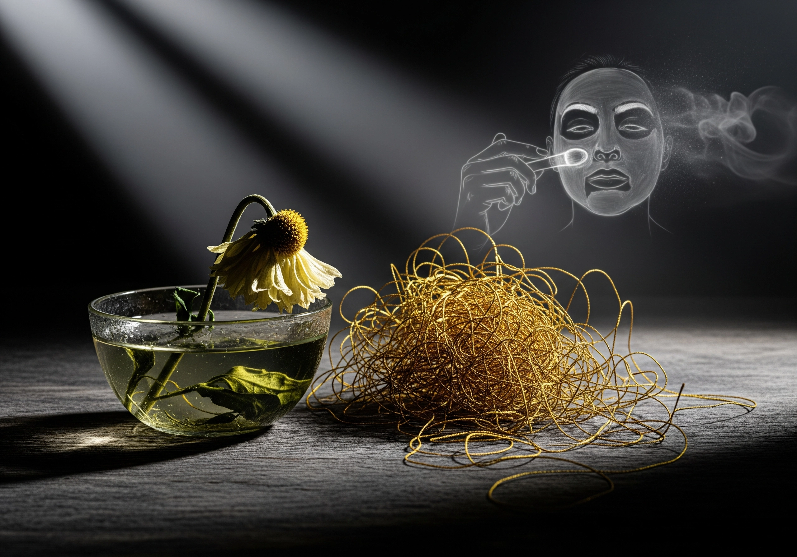 Wilted flower in water, gold string, and sketch of facial beauty treatment.
