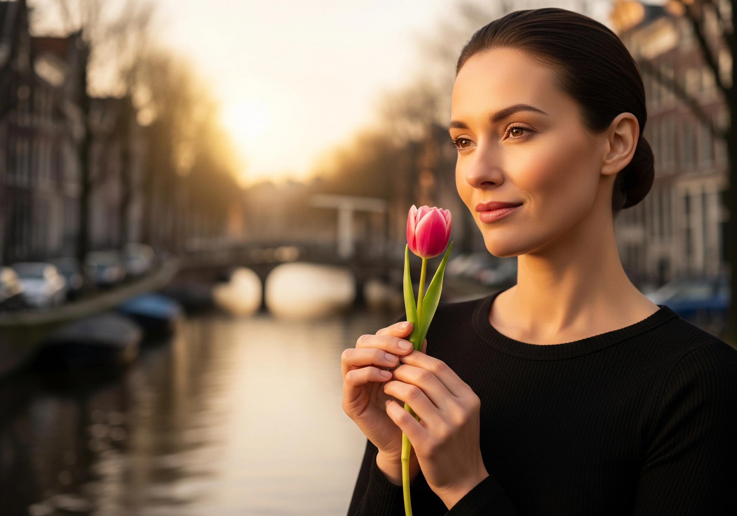 Woman holding tulip in Amsterdam; beauty and serenity in Amsterdam.