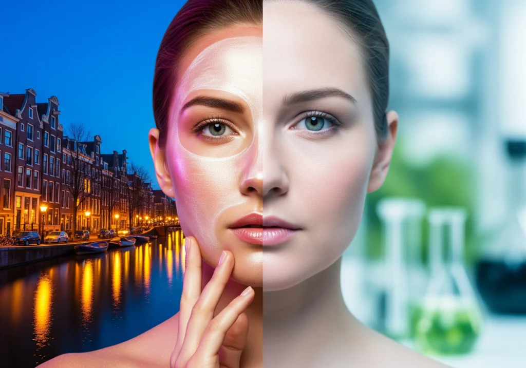 Split image: Woman with facial peel beside Amsterdam canal, contrasted with clear skin and lab scene.