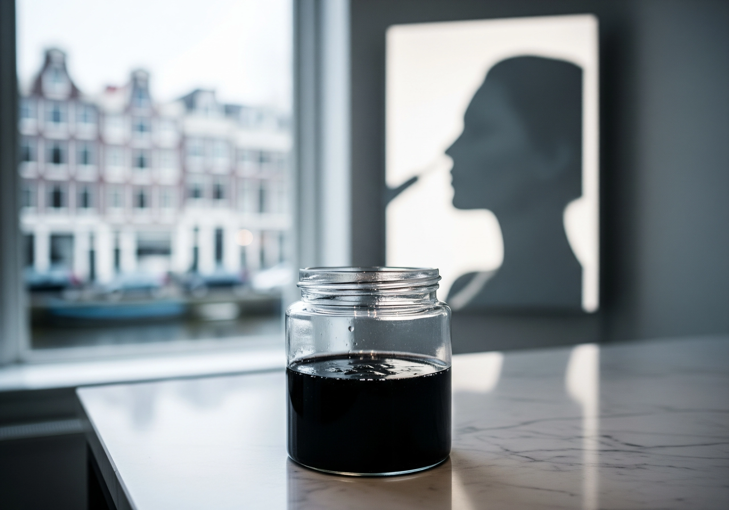 Jar of black carbon peel solution on marble table, Amsterdam buildings visible through window.