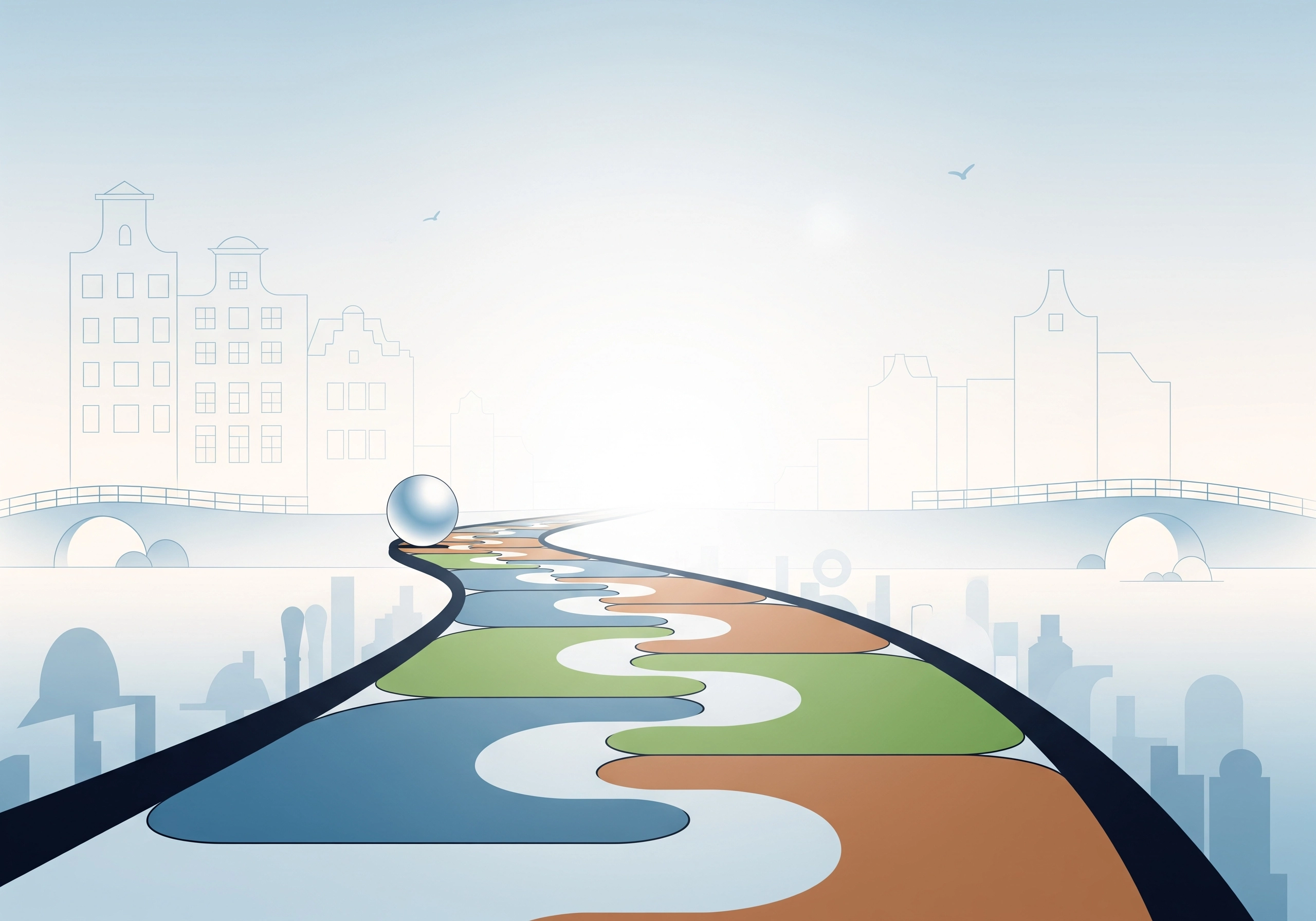 Stylized path through Amsterdam cityscape, abstract.
