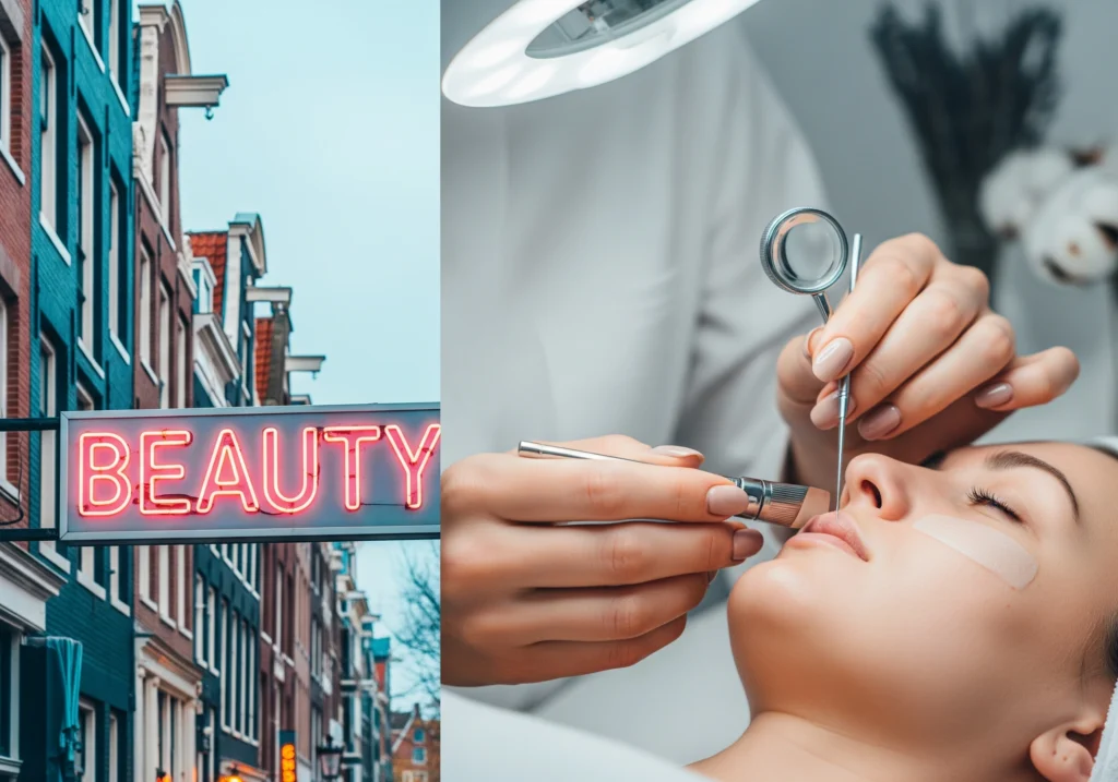 Neon beauty salon sign in Amsterdam and woman getting beauty treatment