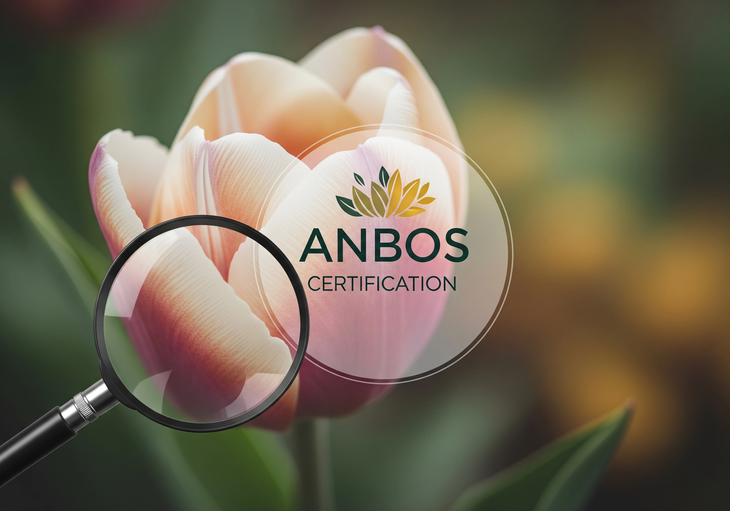 Magnifying glass over tulip with 'ANBOS Certification' overlay.