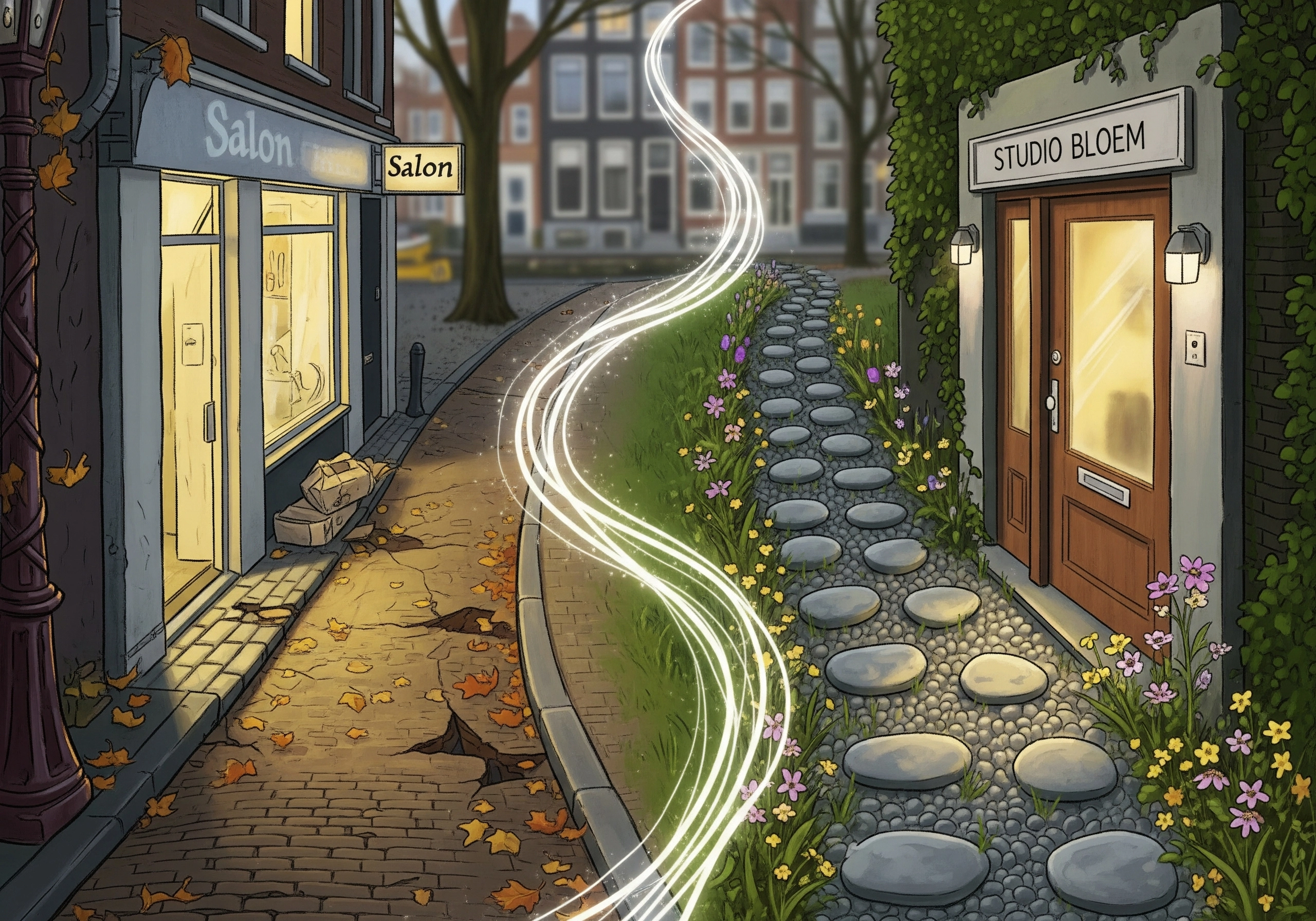 Two Amsterdam beauty salons, one modern, one nature-inspired, representing different salon experiences.