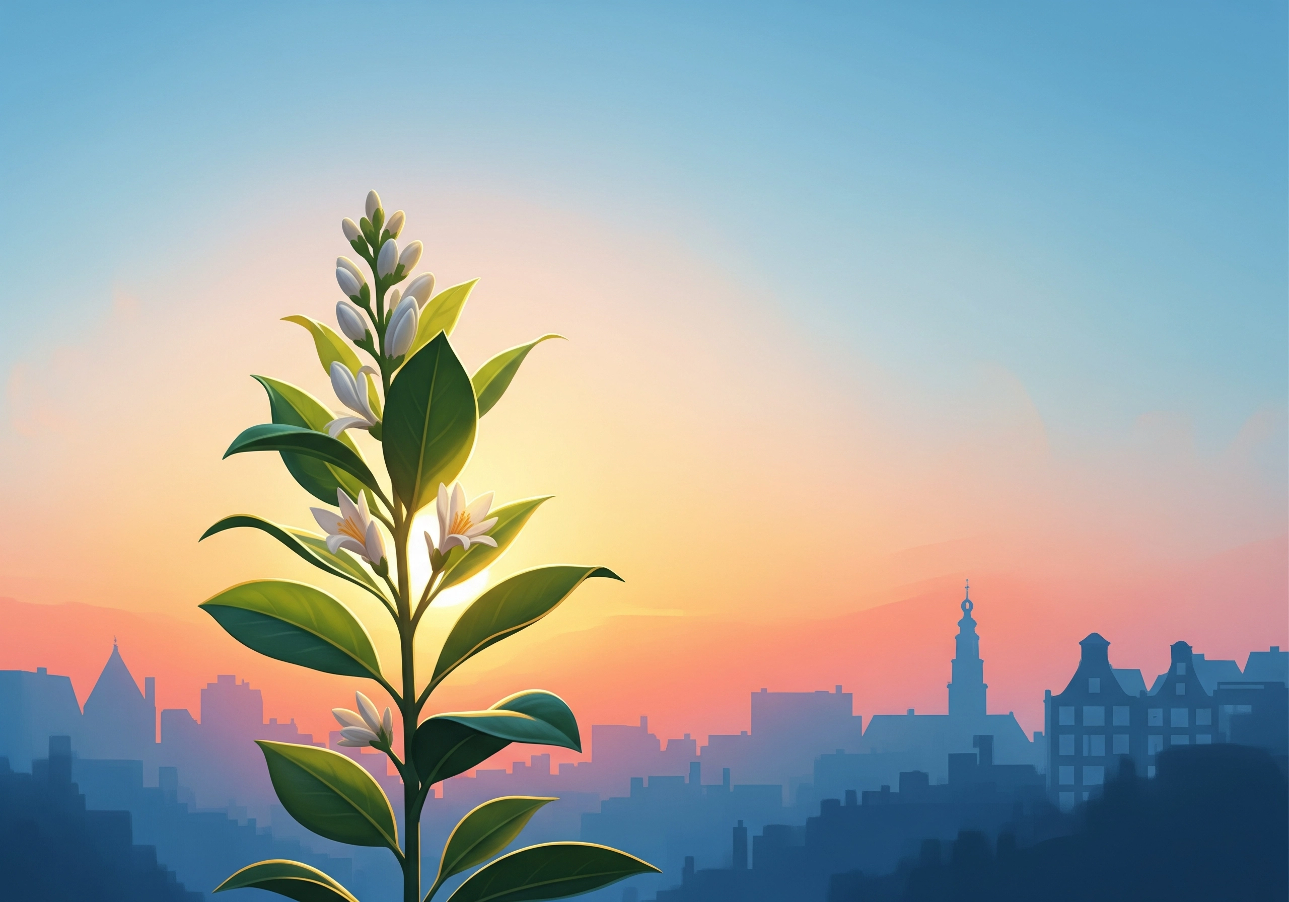 Blooming plant against an Amsterdam skyline at sunrise, symbolizing fresh beauty care.