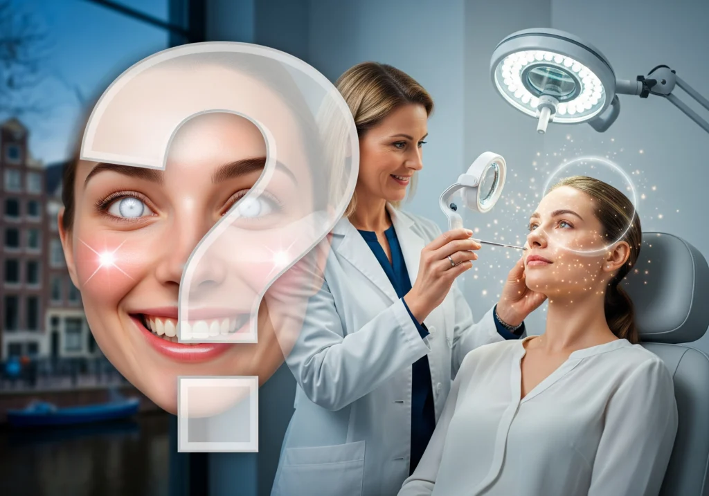 Carbon peel Amsterdam: Woman receiving treatment with question mark overlay, representing carbon peel misconceptions.