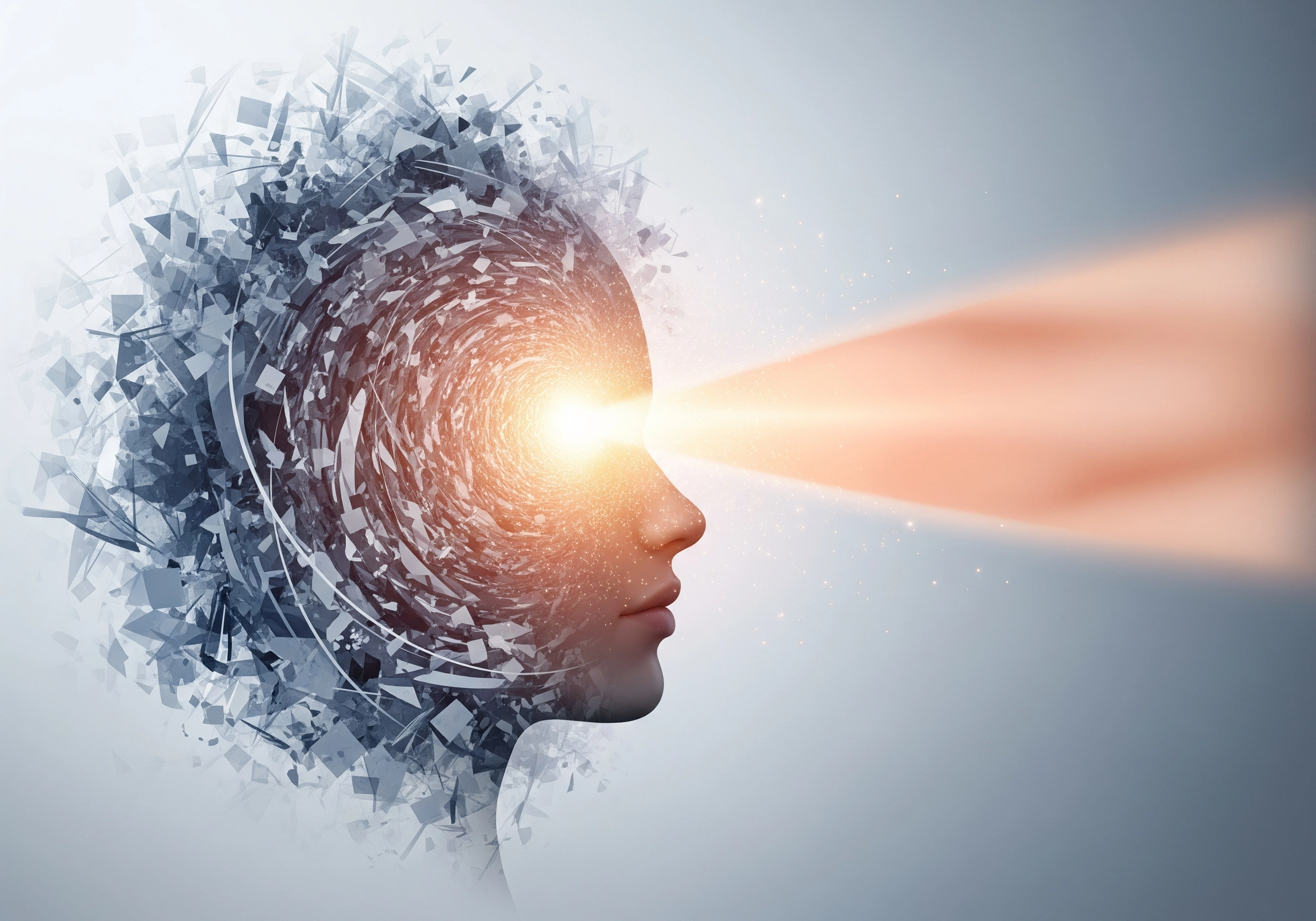 Abstract head profile with laser beam emanating from the eye, surrounded by shattered geometric shards.