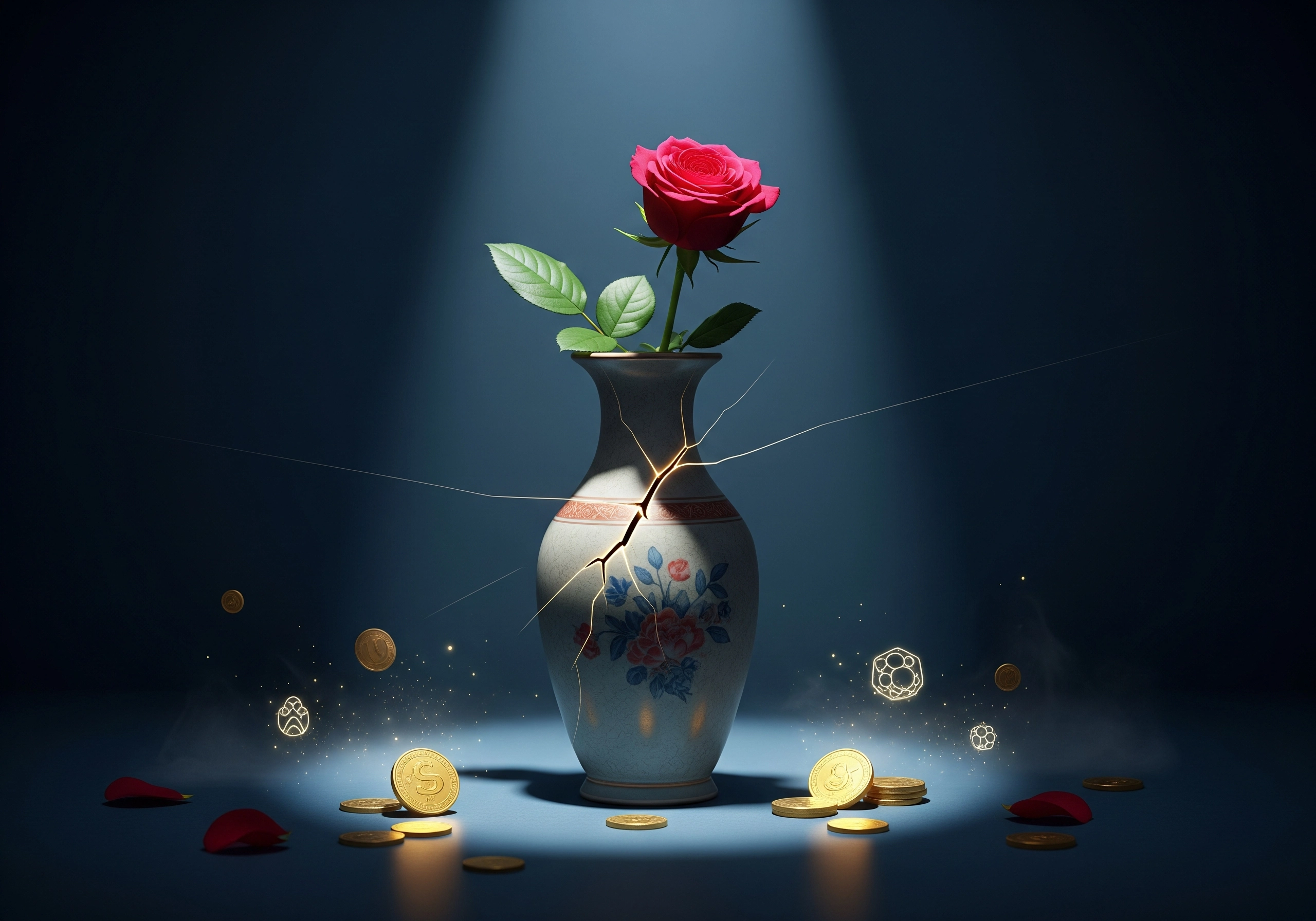 Red rose in cracked vase with scattered coins on blue background.