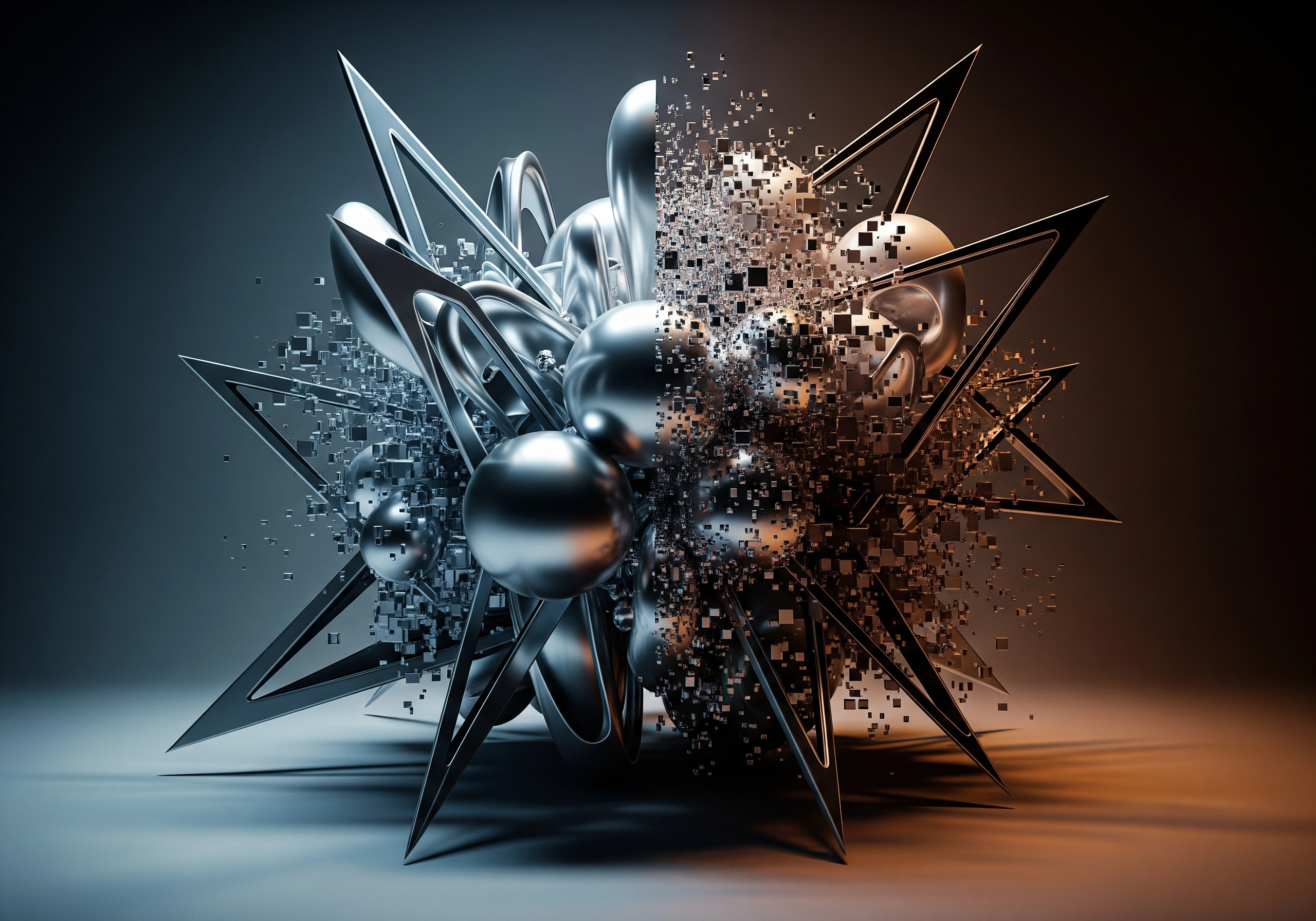 Abstract sculpture of metallic spheres, triangles, and dissolving cubes.