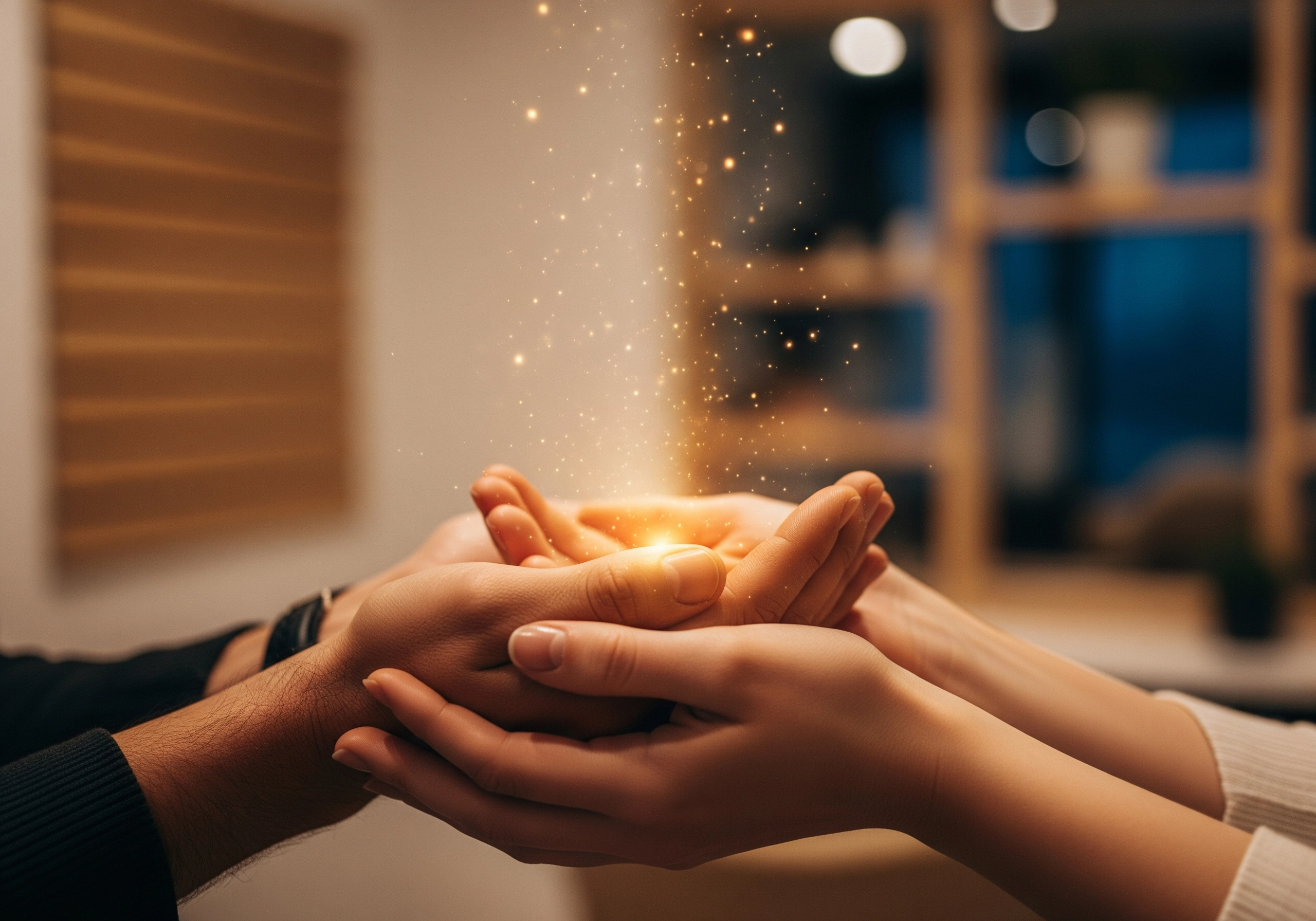 Two pairs of hands cupping glowing light, symbolizing trusted beauty experts.