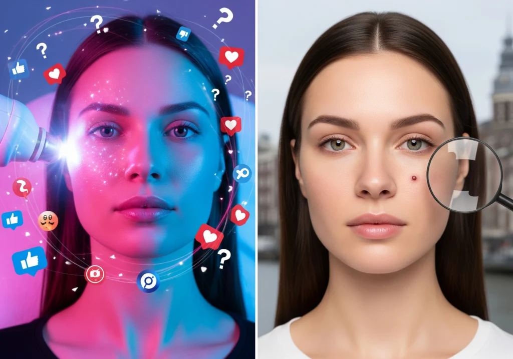Carbon peeling Amsterdam before/after. Right: clear skin after laser facial.