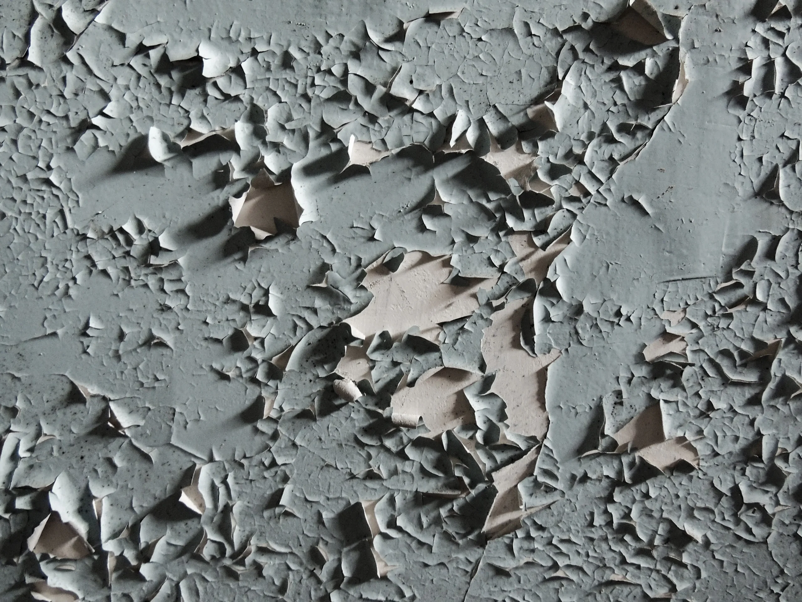 Peeling paint, showing layers and textures on a wall surface.
